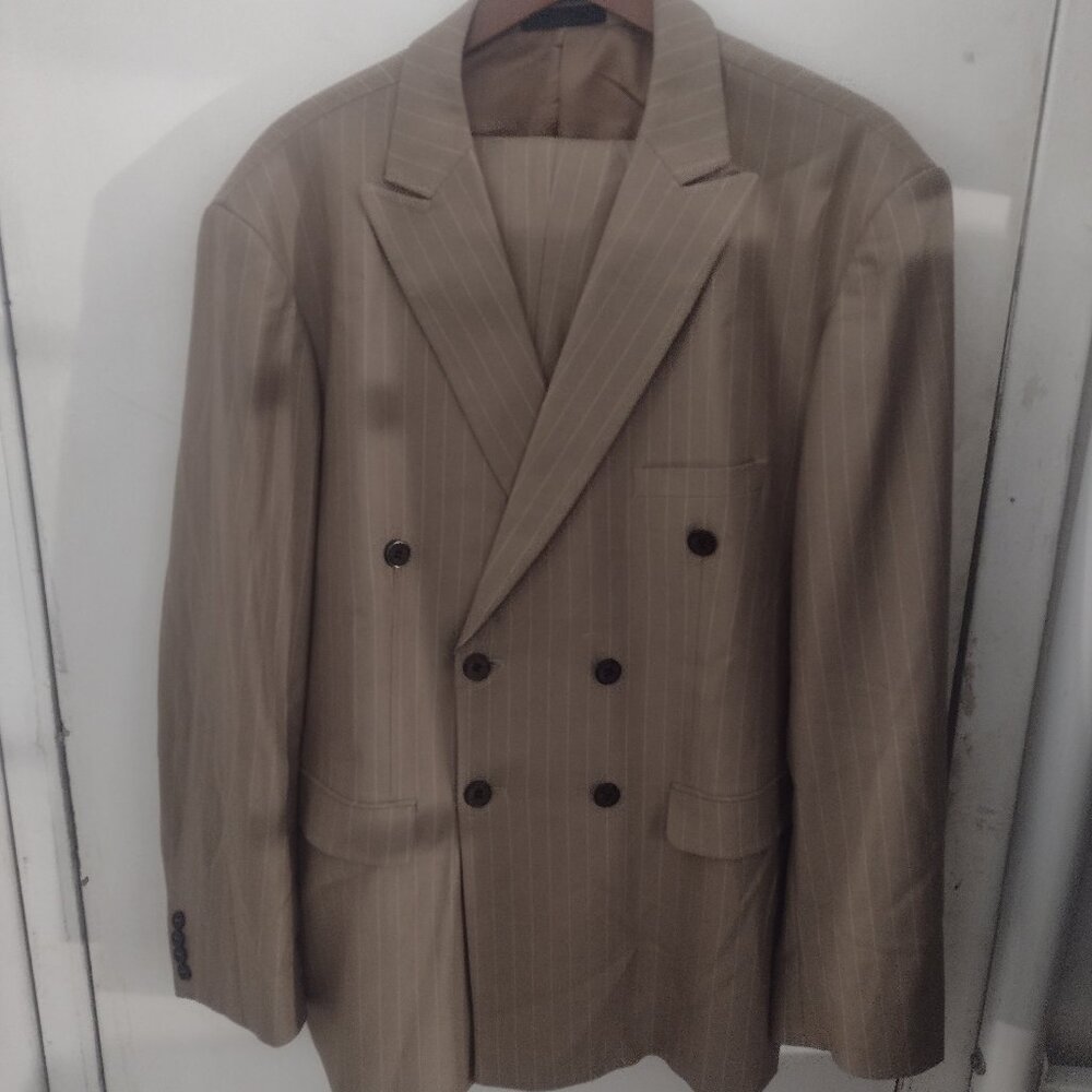 YND Slim Fit Double-Breasted Pinstripe Suit, Khaki 3XL, ALTERED CUFFS & LEGS
